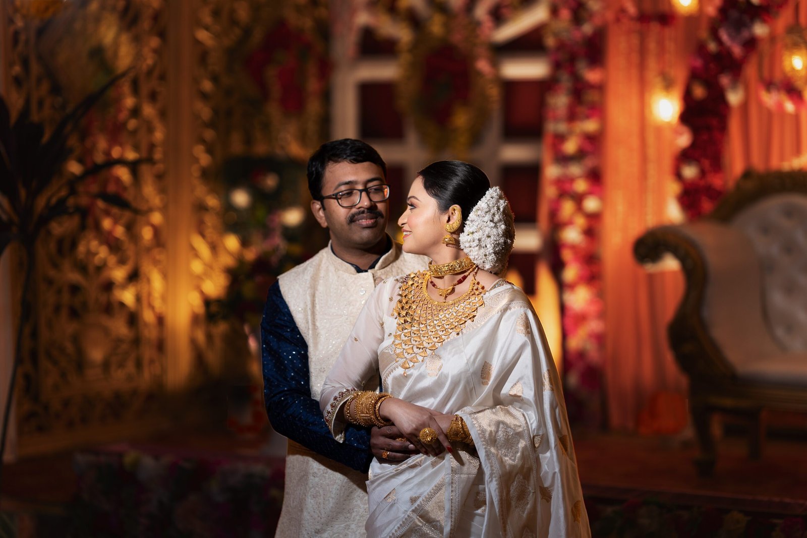 Couple reception photo in artificial light